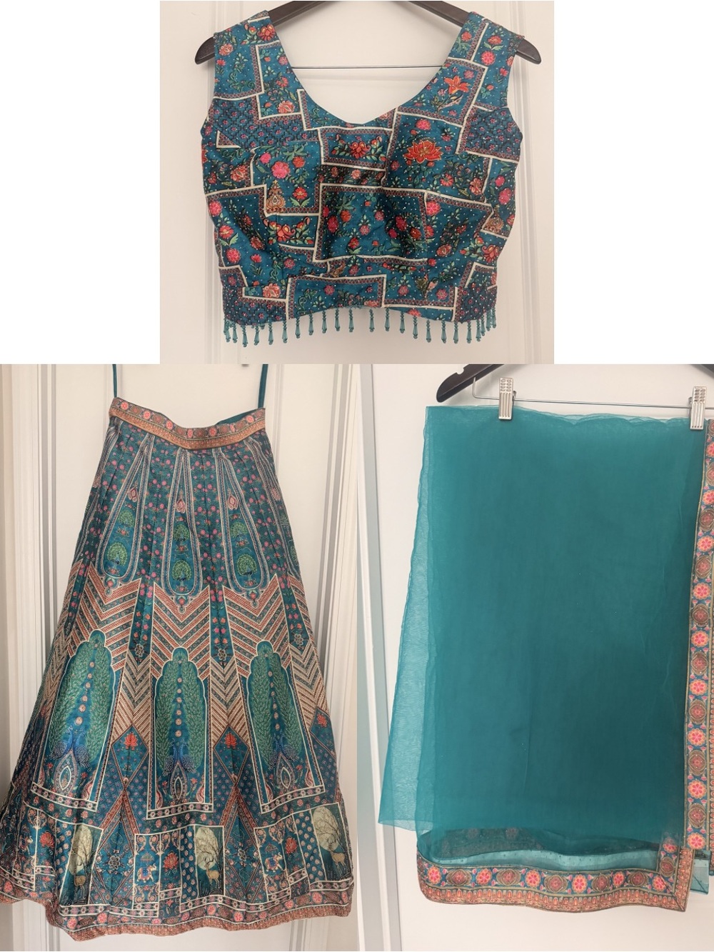 NWT Teal Peacock Floral Embroidered Lehenga Set